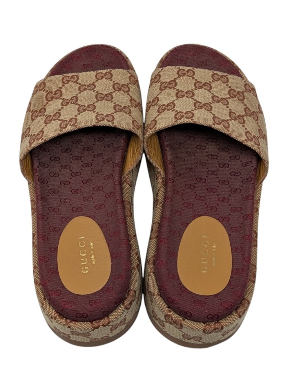 Gucci Angelina Burgundy Rust GG Monogram Canvas Platform Slide Sandal Size EU 38 - Picture 6 of 9